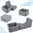 Grey foam pieces arranged with the square ball pit and as a folded block