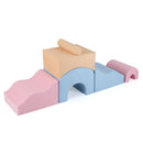 Multicolour six-piece foam play set with two slopes, a bridge, cylinder and nested arches