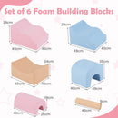 Multicolour six-piece foam play set with measurements for both slopes, bridge, cylinder and two arches