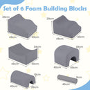Grey six-piece foam play set with measurements for both slopes, bridge, cylinder and two arches