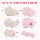 Pink six-piece foam play set with measurements for both slopes, bridge, cylinder and two arches
