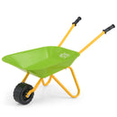 Light Green metal wheelbarrow with yellow frame, black grips and original Honey Joy marking inside the tray