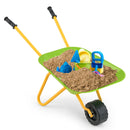 Light Green wheelbarrow staged with sand and beach toys that are not included