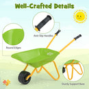 Light Green wheelbarrow showing handle grips, tray edge and support legs with the original Honey Joy tray marking