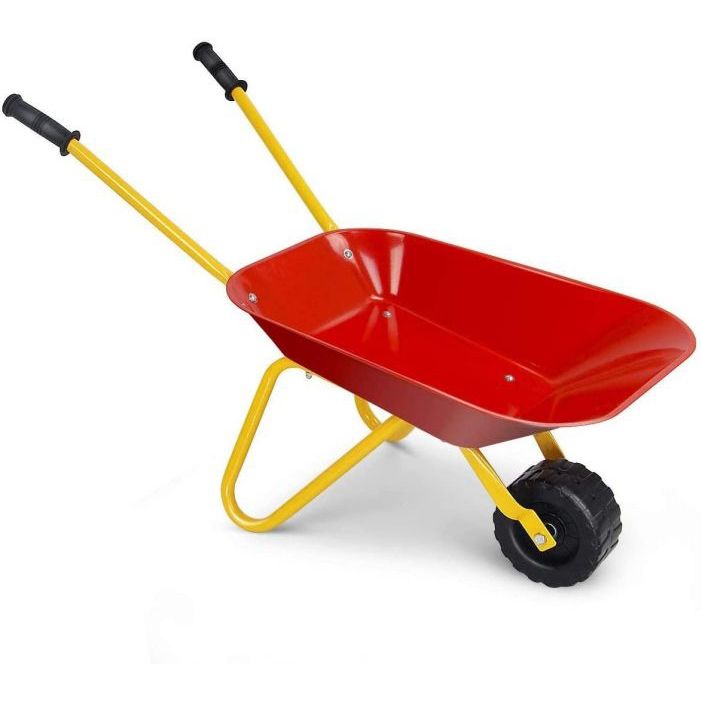 Red metal children’s wheelbarrow with yellow frame, black grips and one moulded wheel