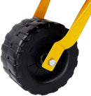 Close-up of the Red wheelbarrow’s black moulded wheel and yellow fork