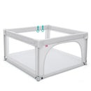 Grey square mesh playpen with two pull rings visible
