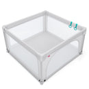 Top view of the grey playpen frame and fabric floor