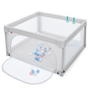 Grey mesh playpen with zipped opening and coloured play balls