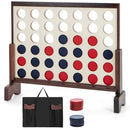 Natural wooden four-in-a-row game with red and blue chips and its fabric carry bag
