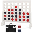 White wooden four-in-a-row game with red and blue chips and its fabric carry bag