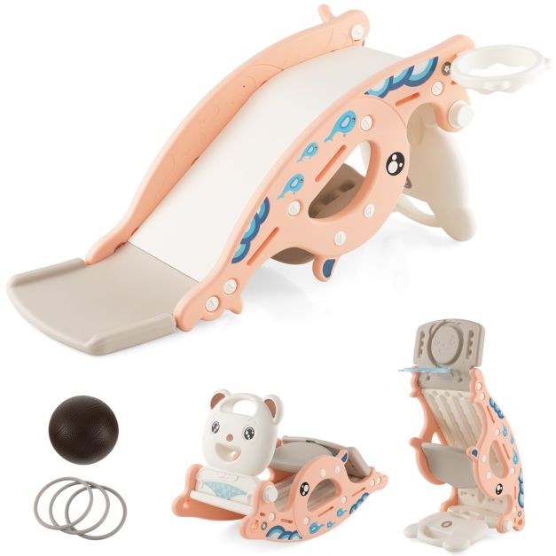 Pink convertible toy shown as slide, rocker and basketball stand; one convertible set included