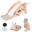 Pink convertible toy shown as slide, rocker and basketball stand; one convertible set included