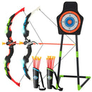 Blue and green accent toy archery set with two bows, target, twenty arrows and two quivers