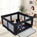 Black 150 cm folding mesh playpen, mesh-sided play area and front opening