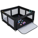Black 150 cm folding mesh playpen, open side door, balls and pull-up rings