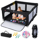Black 150 cm folding mesh playpen, folded frame, carry bag, rings and balls