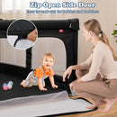 Black 150 cm folding mesh playpen, zippered side-door detail