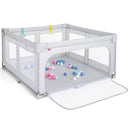 Grey 150 cm folding mesh playpen, open side door, balls and pull-up rings