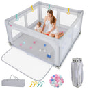 Grey 150 cm folding mesh playpen, folded frame, carry bag, rings and balls