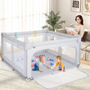 Grey 150 cm folding mesh playpen, playtime scene with children and a nearby adult