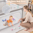 Grey 150 cm folding mesh playpen, zippered side-door detail