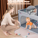Dark Grey 150 cm folding mesh playpen, zippered side-door detail