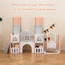 Pink, grey and cream playset with both slides folded up for storage