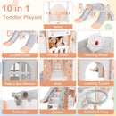 Pink, grey and cream playset showing double slides, swing, storage, steering wheel, window, tunnel, telescope, steps and hoop