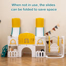 Yellow, green and cream playset with both slides folded up for storage