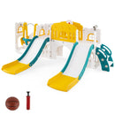 Yellow, green and cream double-slide and swing playset with basketball and inflator