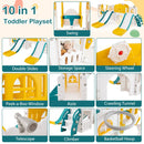 Yellow, green and cream playset showing double slides, swing, storage, steering wheel, window, tunnel, telescope, steps and hoop
