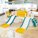 Yellow, green and cream double-slide playset with HDPE and rounded-panel close-ups