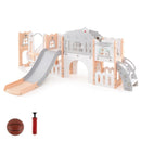 Pink and grey single-slide playset with swing, tunnel, storage, basketball and inflator