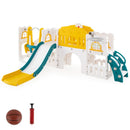 Yellow and green single-slide playset with swing, tunnel, storage, basketball and inflator