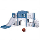 Blue and white L-shaped slide playset with tunnel and basketball