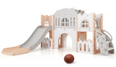 Grey, peach and white L-shaped slide playset with tunnel and basketball