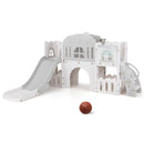 White L-shaped slide playset with grey accents and basketball