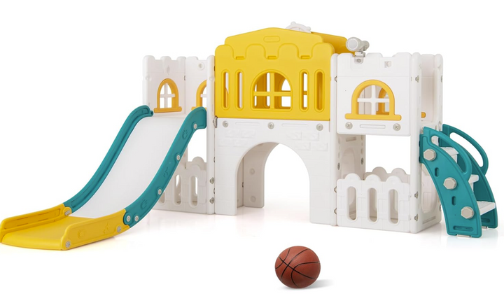 Green, yellow and white L-shaped slide playset with tunnel and basketball