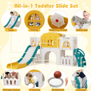 L-shaped playset features including slide, tunnel, hoop, pretend telescope and steering wheel