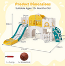 L-shaped slide dimensions 177 × 178 × 103 cm with included basketball and pump