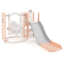 Pink and white L-shaped toddler slide and swing set with fillable swing base