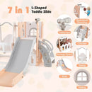 Slide, swing, climbing steps, basketball hoop, pretend telescope, hiding area and storage space