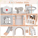 Toddler playset details including steering wheel, telescope, tunnel, slide and storage