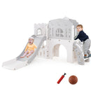 Grey and white toddler slide playset shown with children, basketball and inflator