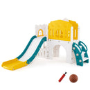 Yellow, green and white toddler slide playset with basketball and inflator