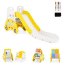 Yellow convertible slide and its alternative easel, chair, book rack and building-block stand arrangements