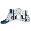 Blue kids slide activity playset with telescope, basketball hoop and drawing board