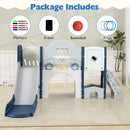 Blue kids slide activity playset with included markers, eraser, basketball and rings