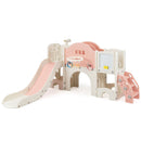 Pink kids slide activity playset with telescope, basketball hoop and drawing board